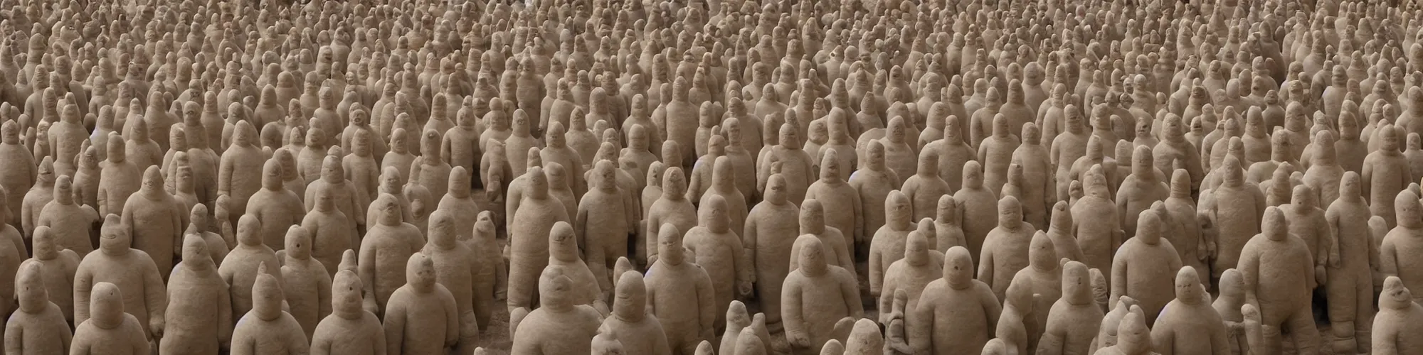 Image similar to hundreds of humans. A sea of humans. interconnected flesh. Melting clay golem humans. Dungeons&Dragons: Lemure. Lemure creature. Demonic scene. Many humans intertwined and woven together. Michelin Man puffy. Bodies and forms amesh. Terracotta army. Extremely unsettling artwork. Clay sculpture by Alberto Giacometti.