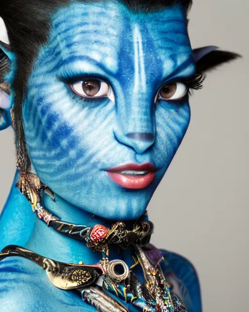Prompt: A studio photo of Avatar’s Neytiri, bokeh, 90mm, f/1.4