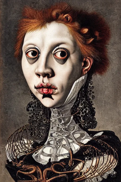 Image similar to Detailed maximalist portrait with large lips and with large eyes, sad expression, skeletal, HD mixed media, 3D collage, highly detailed and intricate illustration in the style of Caravaggio, dark art, baroque