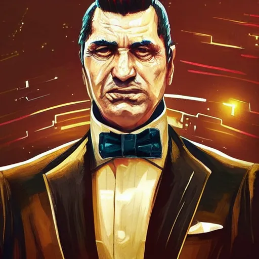 Image similar to “A portrait of a mafia boss in a golden suit, D&D sci-fi, artstation, concept art, highly detailed illustration.”