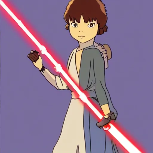 Image similar to a young jedi woman holding a lightsaber, from studio ghibli's star wars anime, sci - fi, animation