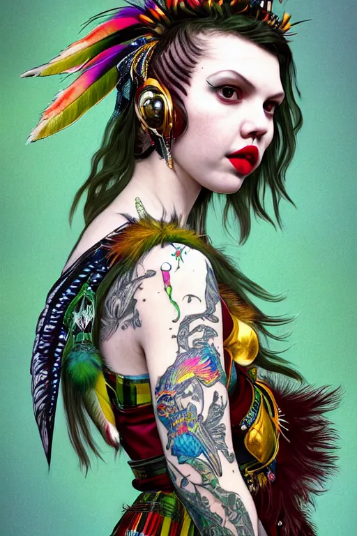 Image similar to portrait of hannah murray as a punk woman with green mohawk, neotraditional tattoos, fishnets, long tartan skirt as phoenix queen, feathers, wings, rainbow clothes,, sci - fi, intricate and very very beautiful and elegant, highly detailed, digital painting, artstation, smooth and sharp focus, illustration, art by tian zi and wlop and alphonse mucha