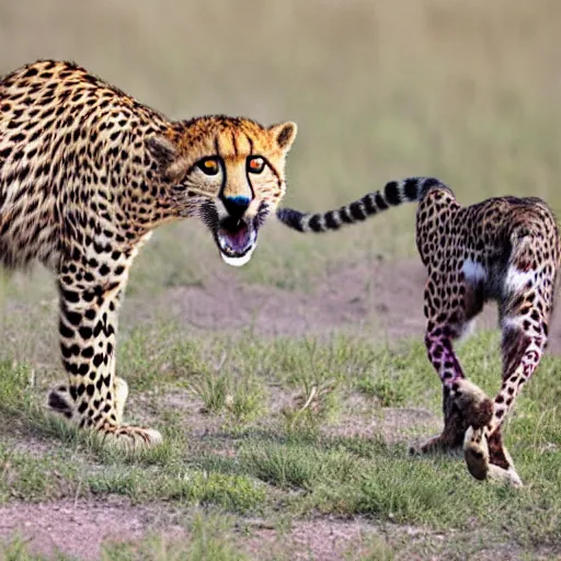 Prompt: chubby purple cheetah eating antelope
