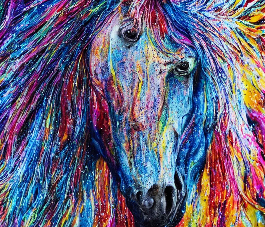 Image similar to still shot close up footage of the portrait of a horse head made of acrylic pour and coloured powder explosion and splashing paint and dripping paint and flying paint chunks, motion blur, hyperrealistic, medical, intricate art photography, anatomically correct, realistic crisp textures, 1 6 k