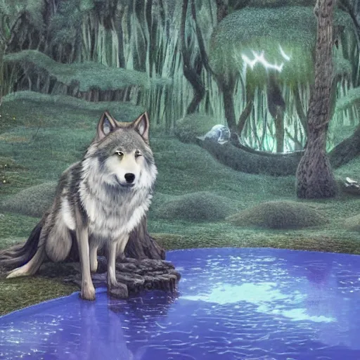 Prompt: wolf, forest, drinking water from an illuminated pool, hayao miyazaki, masashi ando, nizou yamamoto, kazuo oga, joe hisaishi, yoji takeshige, naoya tanaka