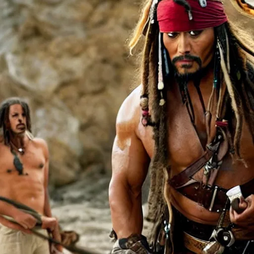 Image similar to Dwayne Johnson as jack sparrow, film still