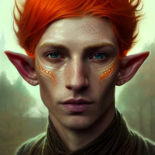 Image similar to portrait painting of an elven eladrin young man with short light orange hair and freckles and tribal tattoos on his cheekbones, ultra realistic, concept art, intricate details, eerie, highly detailed, photorealistic, octane render, 8 k, unreal engine. art by artgerm and greg rutkowski and charlie bowater and magali villeneuve and alphonse mucha