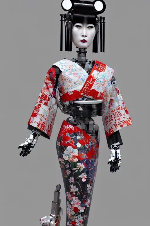 Image similar to full body portrait of a Japanese robot geisha with kanji tattoos and decals wearing a digital pixelated kimono, intricate design, photorealistic, octane render, raytraced, ultra fine detailed, character design, trending on artstation