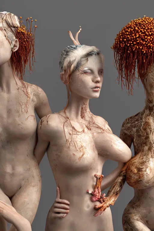 Prompt: ultra realistic 3 d render of porcelain women infected with cordyceps fungus, mushrooms, floral, beautiful, elegant