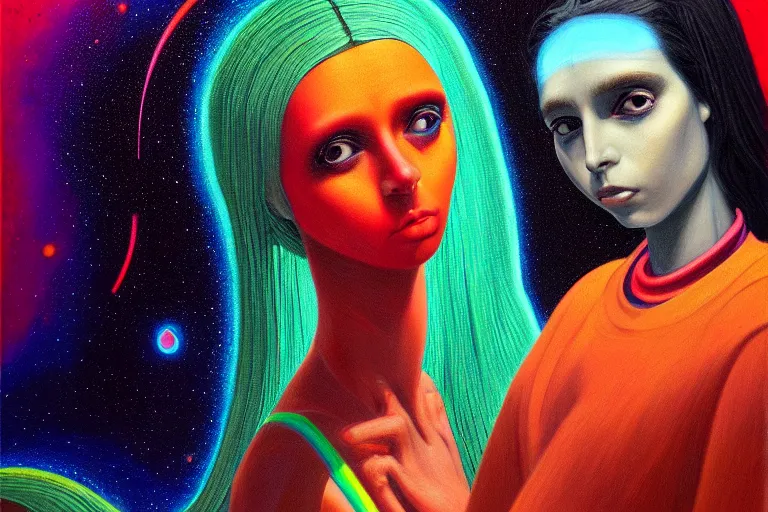 Image similar to patron saint of 🛸🌈👩🏾, futuristic clothing, neon god of city character portrait, in the style of margaret keane, moebius, tom bagshaw, and waterhouse, cinematic lighting, beautiful, elegant, oil painting,