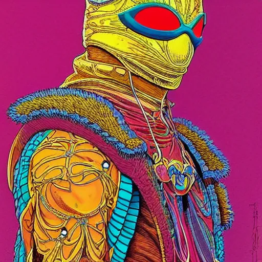 Prompt: beautiful portrait of the colorful masked figure, vivid colors, intricate, highly detailed, masterful, fantasy world, sci fi world, in the style of moebius, akira toriyama, jean giraud