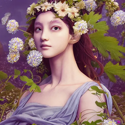 Prompt: goddess of greek mythology portrait, amalgamation of leaves and flowers, orthodox saint, beautiful raking sunlight, nemophila flowers. intricate artwork by Tooth Wu, James jean, Miho Hirano, Hayao Miyazaki. octane render, trending on artstation, greg rutkowski. cinematic, hyper realism, high detail, octane render, 8k