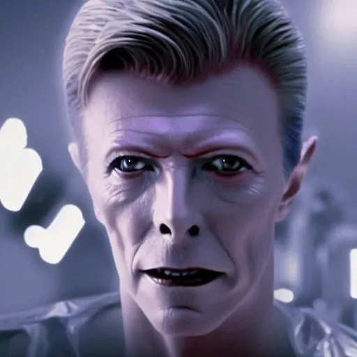 Prompt: movie still of cyborg david bowie, cinematic composition, cinematic light, criterion collection, by edgar wright