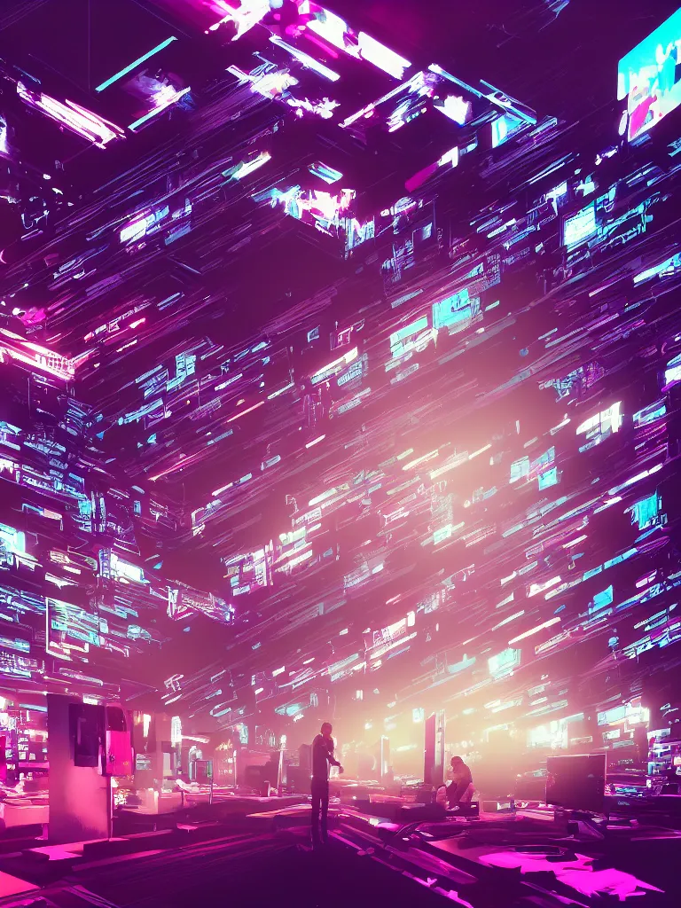 Image similar to programmer coding in front of a thousand screens, synthwave, digital art, artstation