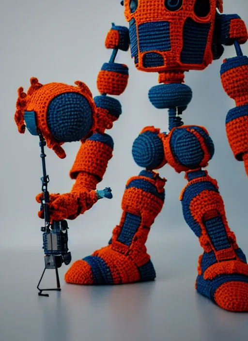 Prompt: a crochet mecha, realistic, Sigma 50 mm f/1.4