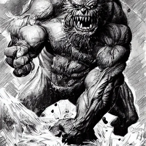 Image similar to hairy, thick muscled, overbearing, hungry, menacing, giant painted by bernie wrightson,