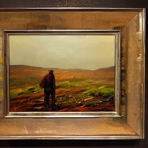 Prompt: Forlorn wanderer on a moor, oil painting, thick brushstrokes, layers of paint, museum exhibit, ambient lighting, chrome and dark orange,