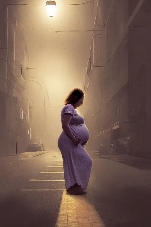 Prompt: pregnant woman under street light, highly detailed, sharp focused, ultra realistic digital concept art by Eugenio Álvarez Dumont