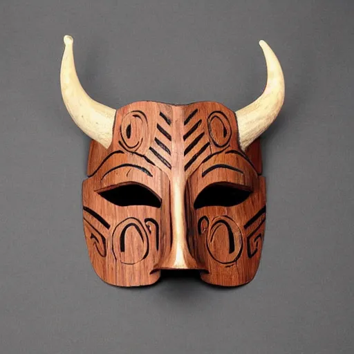 Prompt: wooden tribal mask, agressive behavior, horns