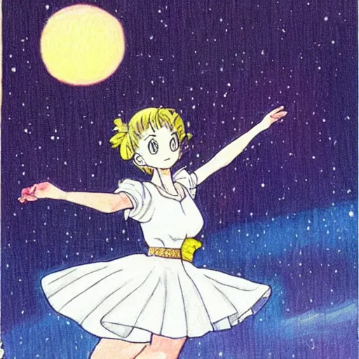 Image similar to girl in a white gown dancing in her bedroom as the sun is rising drawn by naoko takeuchi