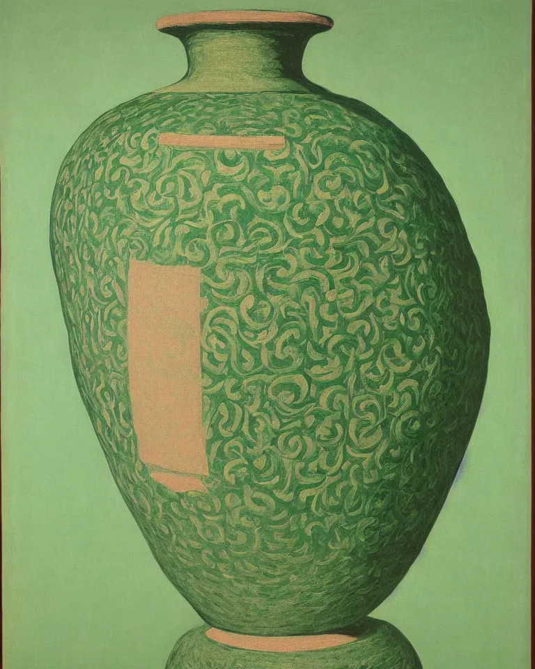 Prompt: achingly beautiful print of intricately painted ancient greek amphora on pastel green background by rene magritte, monet, and picasso.