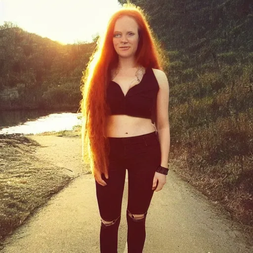 Image similar to full body photo of beautiful Norwegian women with long ginger hair with sunset behind her, Instagram photo
