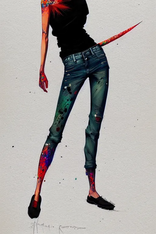 Image similar to a ultradetailed beautiful full body painting of a stylish woman with short hair, she is wearing a black tank top and jeans, by conrad roset, greg rutkowski and makoto shinkai trending on artstation