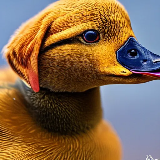 Prompt: a duck puppy hybrid, bold natural colors, national geographic photography, masterpiece, 8 k, raw, unedited, symmetrical balance, in - frame