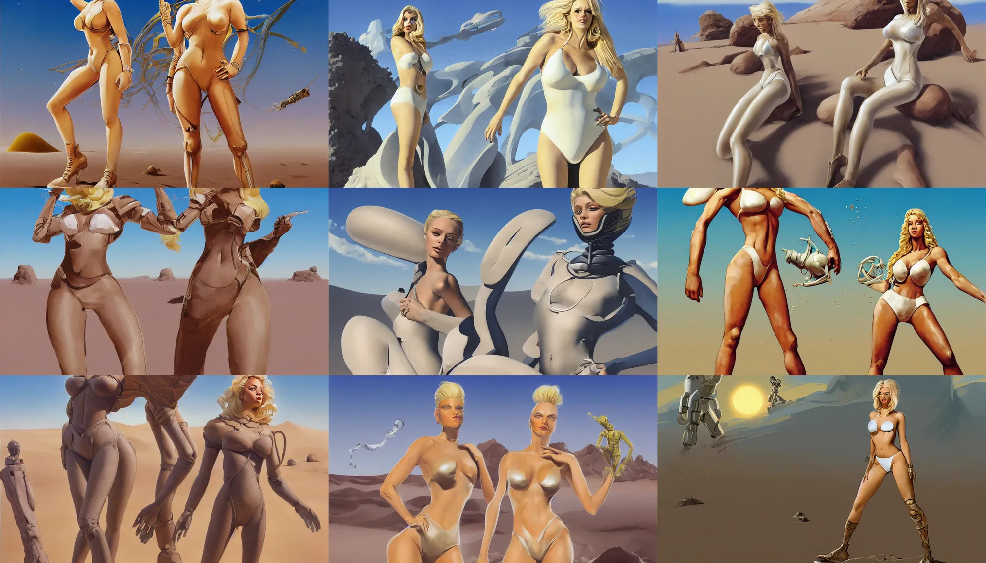 Prompt: A mixed media portrait painting of a beautiful blonde woman in the sand on a desert alien planet, very curvy, aesthetic! high-waisted white-bikini-armor and boots, aesthetic symmetrical face and eyes, model, Scandinavian, discarded mechsuit in background, by Boris Vallejo, Beeple, Frank Frazetta, Greg Rutkowski, Christian MacNevin, Alphonse Mucha, epic fantasy character art, high fantasy, CGsociety, 60's Sci-fi Pinup style, exquisite detail, post-processing, masterpiece, cinematic