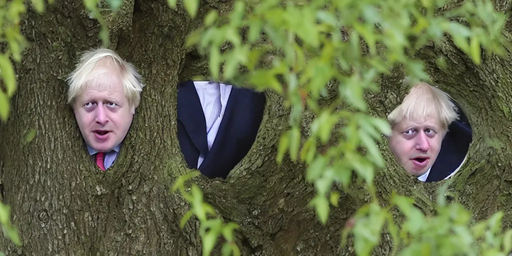 Image similar to extremely derpy looking boris johnson peeking out from behind a tree, trailcam footage