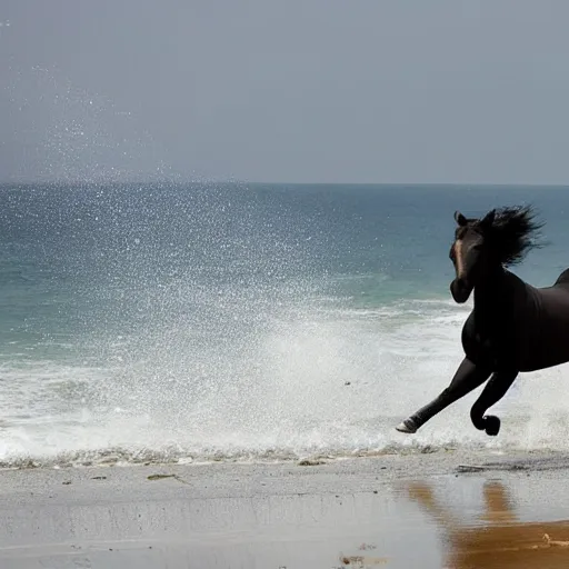 Image similar to an arabian black horse running in front of a sea, wind in its mane, on the beach, the sun is exploding, smoke everywhere