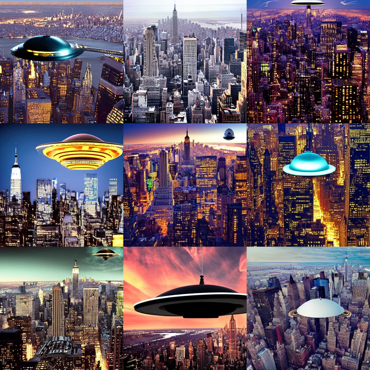 Prompt: A huge cyberpunk flying saucer over New York. Photo realistic