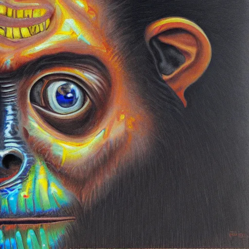 Image similar to portre of an autistic demonic chimpanzee on acid, masonic and kabalistic symbols in background, oil painting