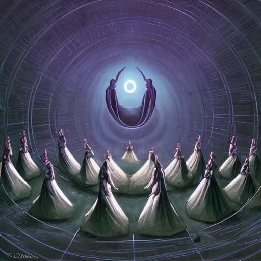 Prompt: a quantum computer surrounded by a dark cabal of hooded elven mystics gathered in a circular formation, michael whelan art