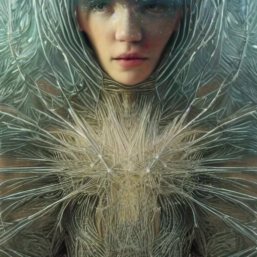 Image similar to Woman, spiky crystals, wide shot, shiny, flat background, glowing, wires everywhere, by Edgar Maxence and Ross Tran, Zdzisław Beksiński, and Michael Whelan, distant, gustav dore, H.R. Giger, 8k, octane render