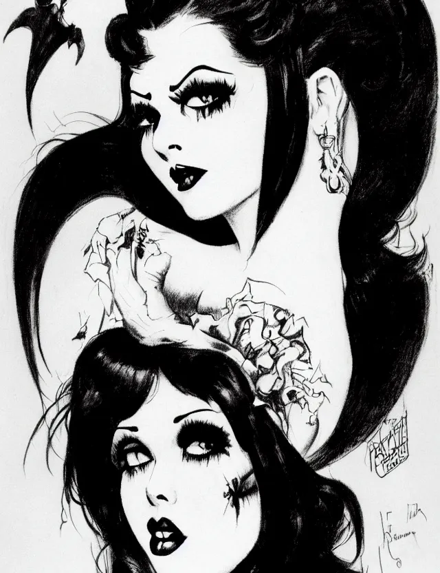 Image similar to of a goth girl burlesque psychobilly, rockabilly, punk, black hair, detailed face, white background, drawing, illustration by frank frazetta