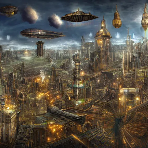 Prompt: a sprawling fantasy city with steampunk airships floating in the sky there are tall towers with searchlights aimed towards the sky detailed digital art wide angle