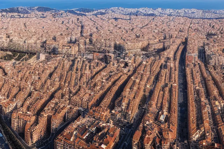 Image similar to dron views of dystopian barcelona city covered with water, global warming, sunset lighting, photo real