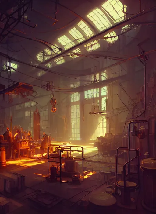 Image similar to beautiful interior of a small steampunk factory, artgerm, james gilleard, delphin enjolras, goro fujita, makoto shinkai, paul lehr, exquisite lighting, octane render, very coherent, trending on artstation