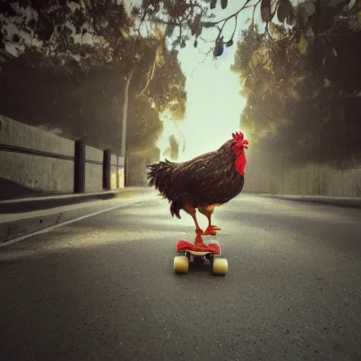 Prompt: a chicken riding a skateboard in california los angeles by greg rutkowski