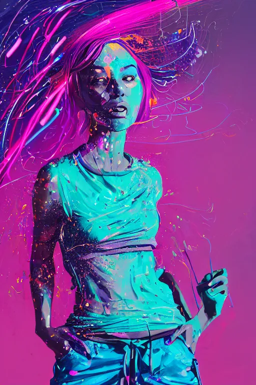 Image similar to a award winning half body portrait of a beautiful woman in a croptop and cargo pants with ombre purple pink teal hairstyle and hands in pockets by ari liloan, surrounded by whirling illuminated lines, paint splashes and splatter, outrun, vaporware, shaded flat illustration, digital art, trending on artstation, highly detailed, fine detail, intricate