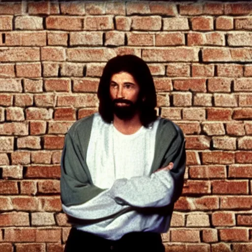 Prompt: Photo still of Jesus Christ in 1990s clothing doing a stand-up routine in front of a brick wall in a dimly lit comedy club, in the style of the TV show Seinfeld (1994)