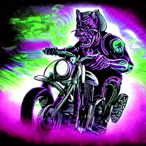 Image similar to psychedelic blacklight airbrush artwork, hyper stylized action shot of an orc biker riding a motorcycle, clear focused details, soft airbrushed edges and gradients on a black background
