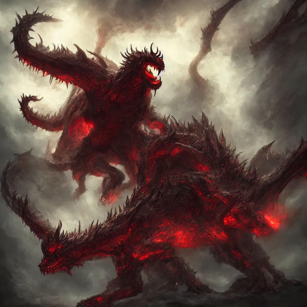 Image similar to from the depths of hell was he summoned, the great dragon beast rose from the fires with gleaming red eyes, in the style of raymond swanland