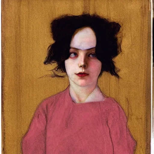 Image similar to an elegant girl in a liminal abandoned room, red and gold, old polaroid by goya, by schiele, digital painting, jugendstil, strong lights, flat colors, pastel colors,