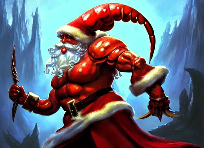 Prompt: magic : the gathering fantasy character concept art of the great anthropomorphic lobster santa by franz frazetta, high resolution. a clear portrait of powerful lobster santa, magical christmas fractals in background, fantasy coloring, intricate, digital painting, artstation, smooth, sharp focus