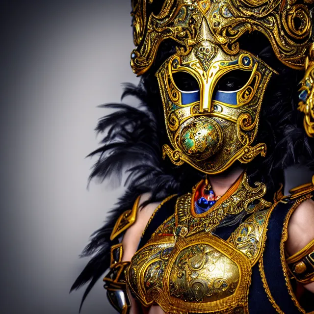 Prompt: full length portrait photo of a female warrior with ornate venetian mask highly detailed, 8 k, hdr, close up, smooth, sharp focus, high resolution, award - winning photo