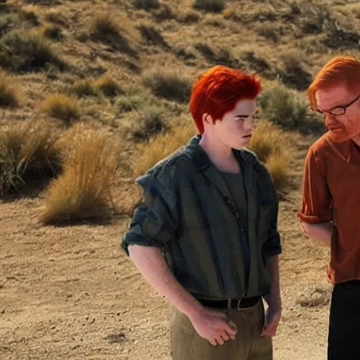 Prompt: redhead kj apa with walter white, still from breaking bad