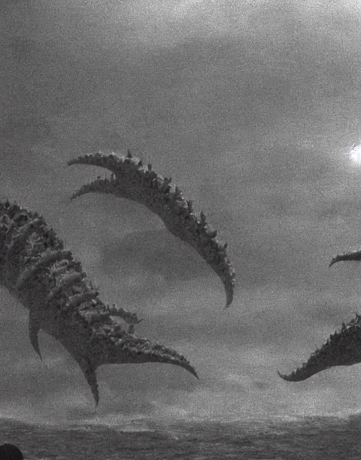 Image similar to a filmstill of a north korean monster movie, kaiju - eiga monster starfish - like trampling a traditional korean palace, foggy, film noir, video compression