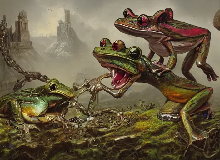 Image similar to frogs and mice, lowbrow, matte painting, 3 - d highly detailed, style of greg simkins r,